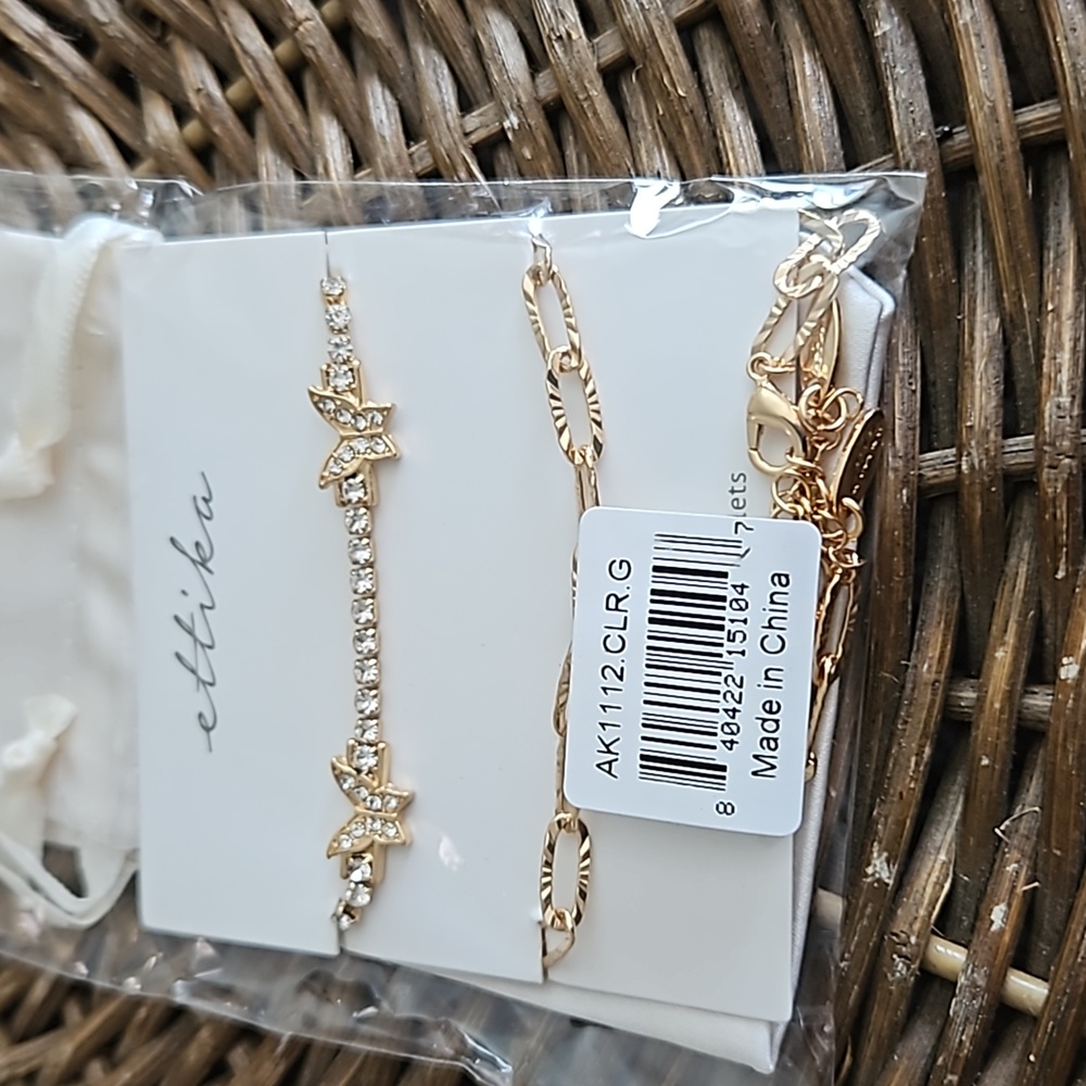 ETTIKA(Revolve),Butterfly & Chain Link Anklets Pair,Clear Stone, 18k Gold Plated - Picture 8 of 8